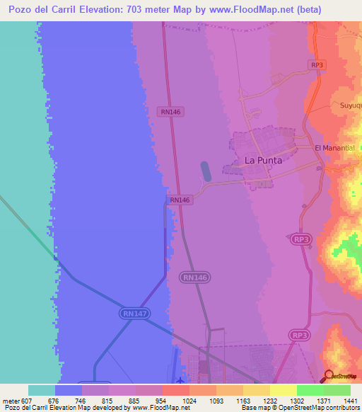 Pozo del Carril,Argentina Elevation Map