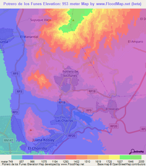 Potrero de los Funes,Argentina Elevation Map