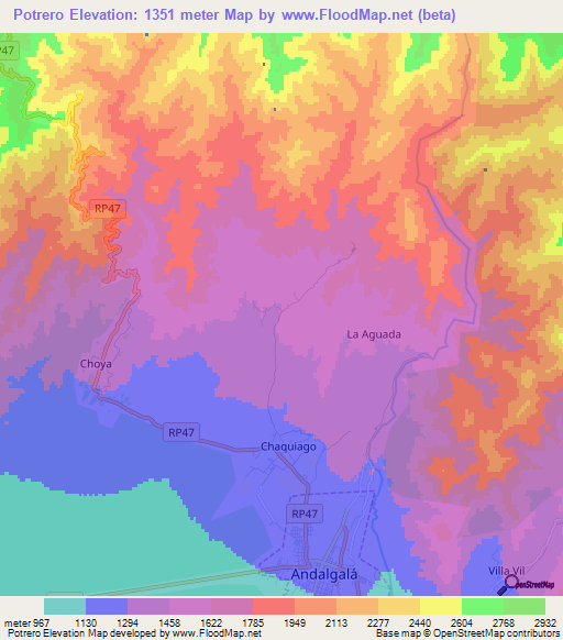 Potrero,Argentina Elevation Map