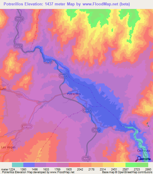 Potrerillos,Argentina Elevation Map