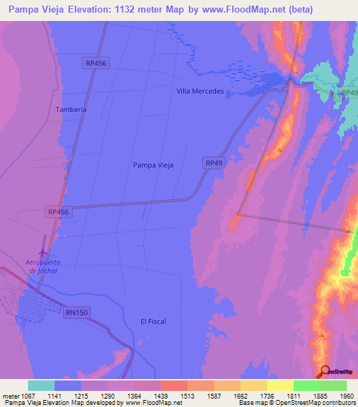 Pampa Vieja,Argentina Elevation Map