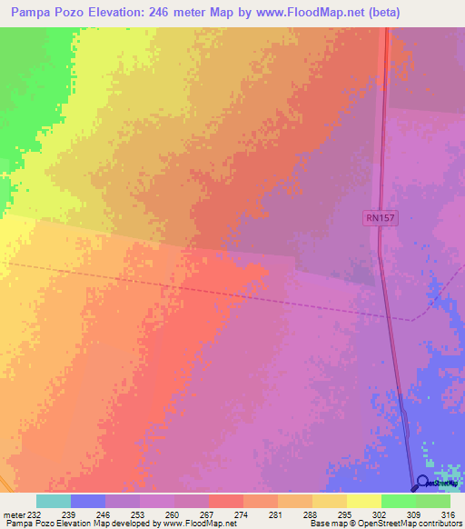 Pampa Pozo,Argentina Elevation Map