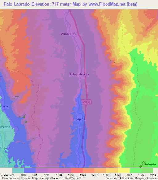 Palo Labrado,Argentina Elevation Map