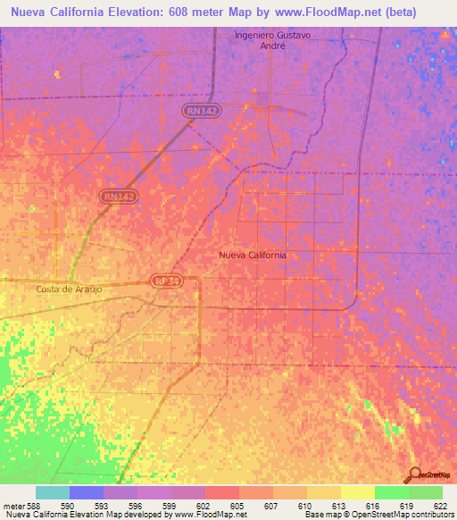 Nueva California,Argentina Elevation Map