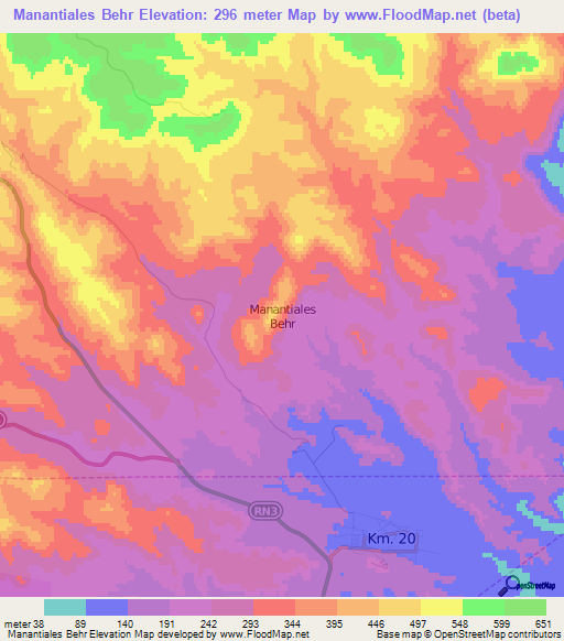 Manantiales Behr,Argentina Elevation Map