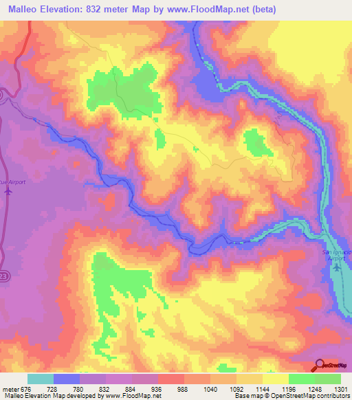Malleo,Argentina Elevation Map