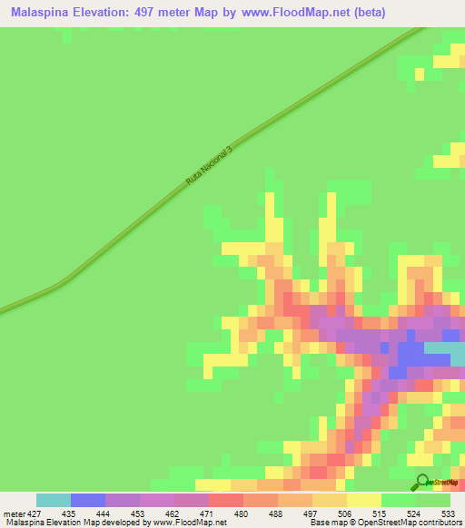 Malaspina,Argentina Elevation Map