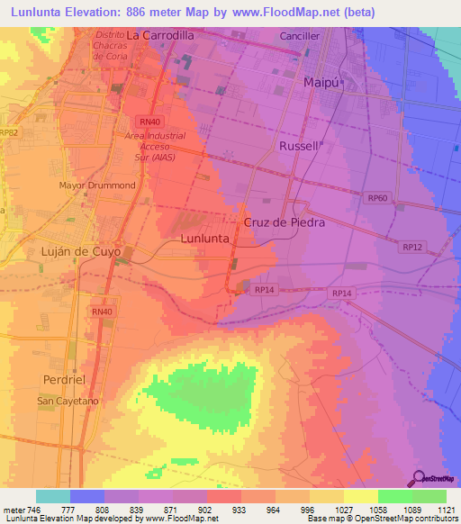 Lunlunta,Argentina Elevation Map