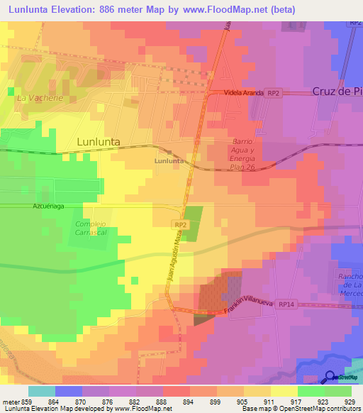 Lunlunta,Argentina Elevation Map