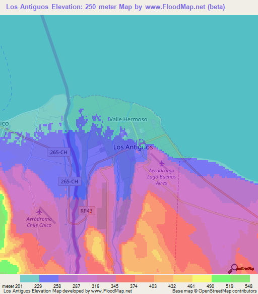 Los Antiguos,Argentina Elevation Map