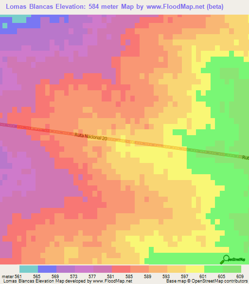 Lomas Blancas,Argentina Elevation Map