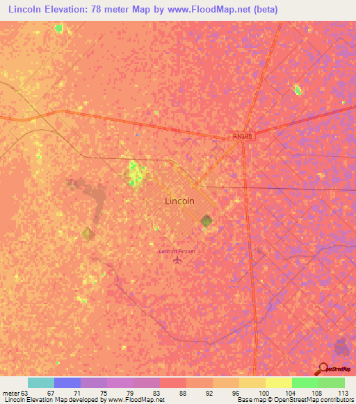 Lincoln,Argentina Elevation Map
