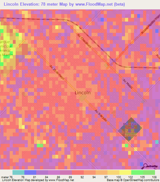 Lincoln,Argentina Elevation Map