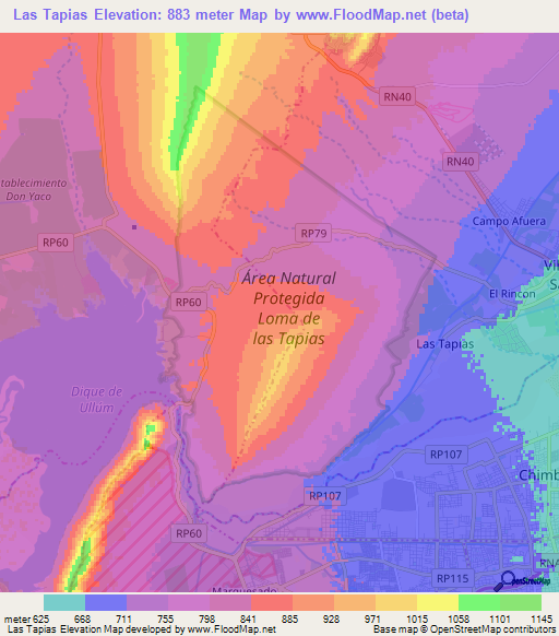 Las Tapias,Argentina Elevation Map