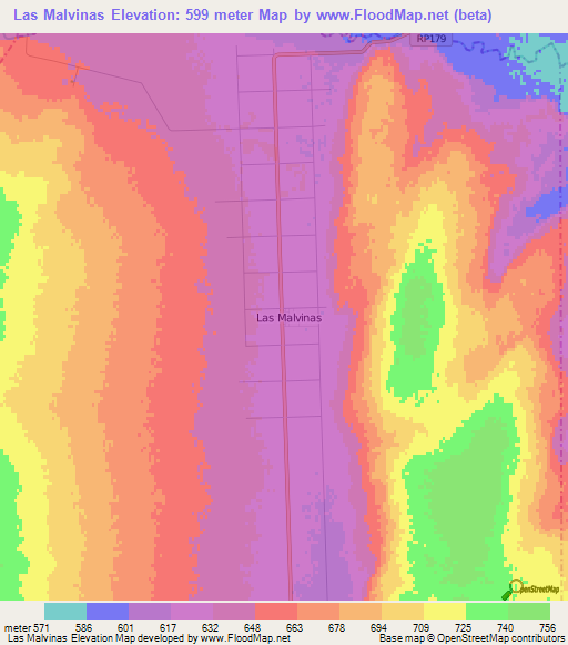 Las Malvinas,Argentina Elevation Map