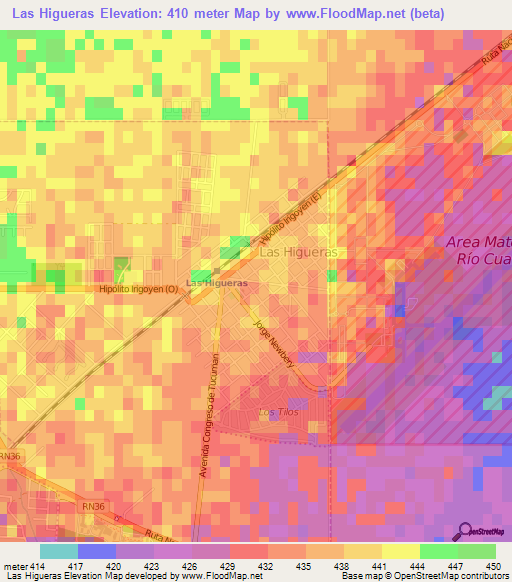 Las Higueras,Argentina Elevation Map