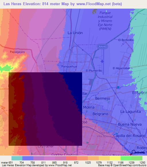 Las Heras,Argentina Elevation Map