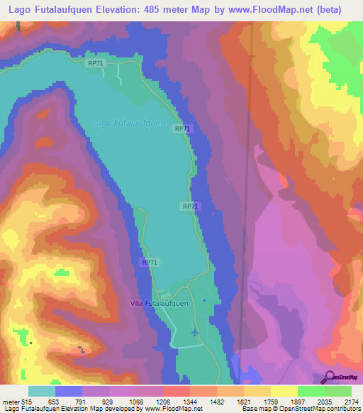 Lago Futalaufquen,Argentina Elevation Map