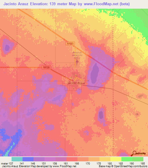 Jacinto Arauz,Argentina Elevation Map