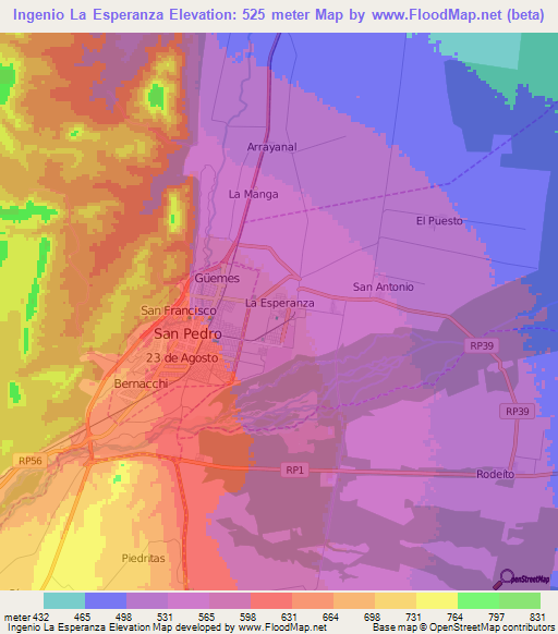 Ingenio La Esperanza,Argentina Elevation Map