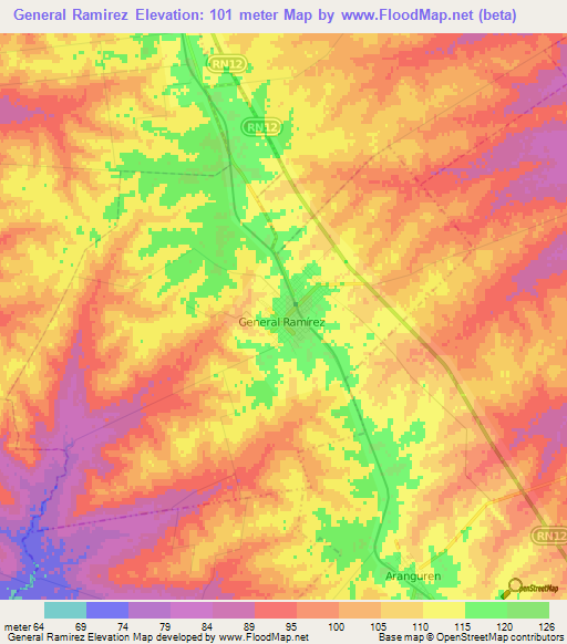 General Ramirez,Argentina Elevation Map