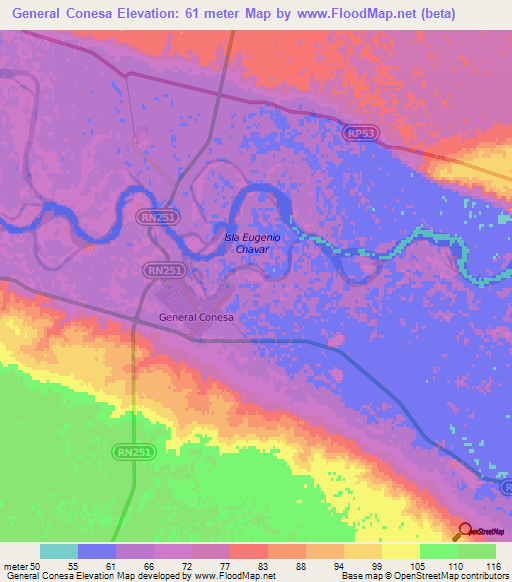 General Conesa,Argentina Elevation Map