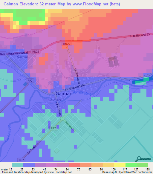 Gaiman,Argentina Elevation Map