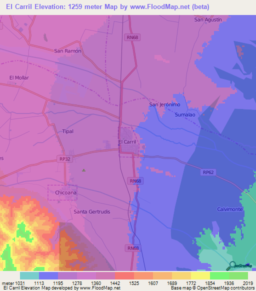 El Carril,Argentina Elevation Map