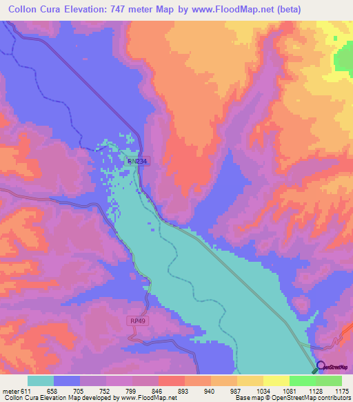 Collon Cura,Argentina Elevation Map