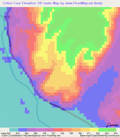 Collon Cura,Argentina Elevation Map