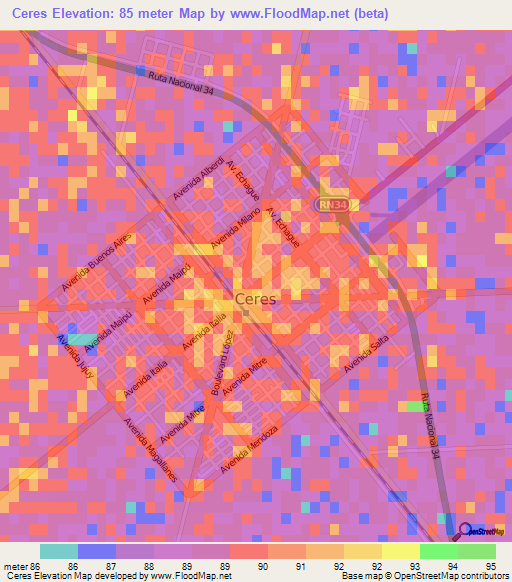 Ceres,Argentina Elevation Map