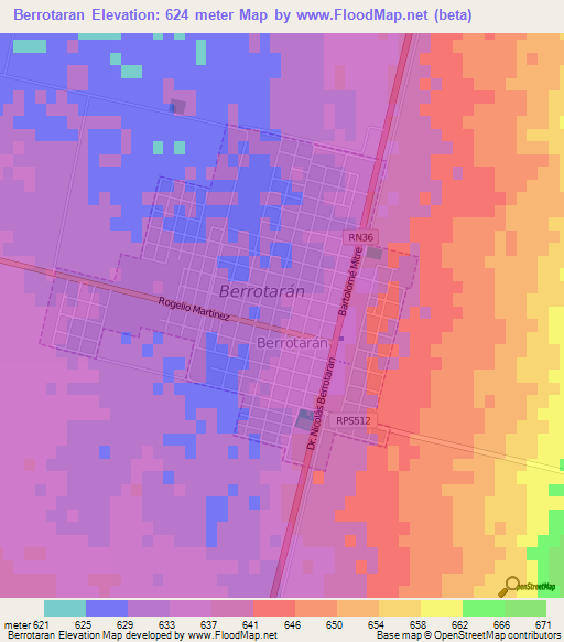 Berrotaran,Argentina Elevation Map