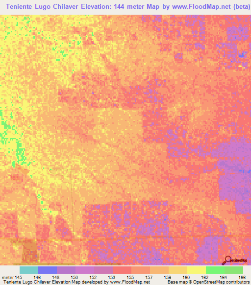 Teniente Lugo Chilaver,Paraguay Elevation Map