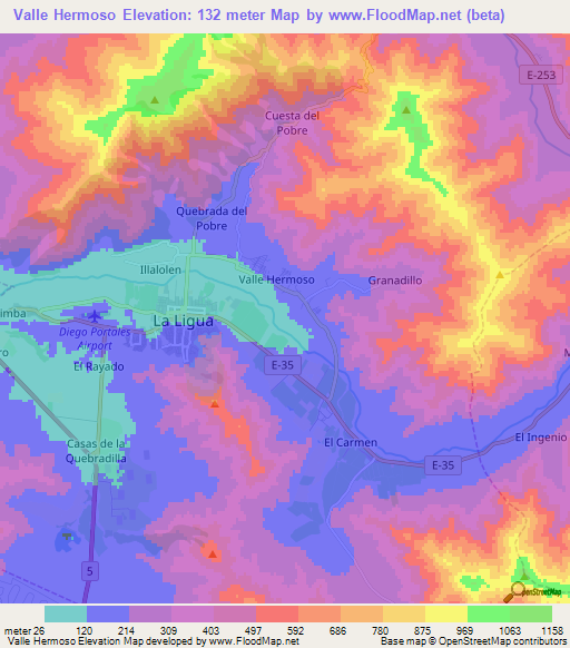 Valle Hermoso,Chile Elevation Map
