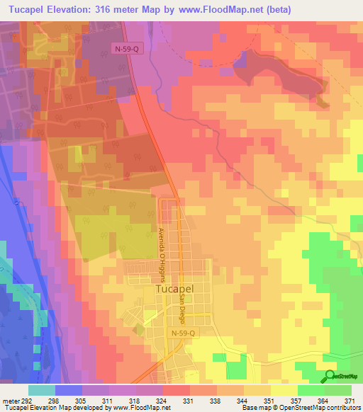 Tucapel,Chile Elevation Map