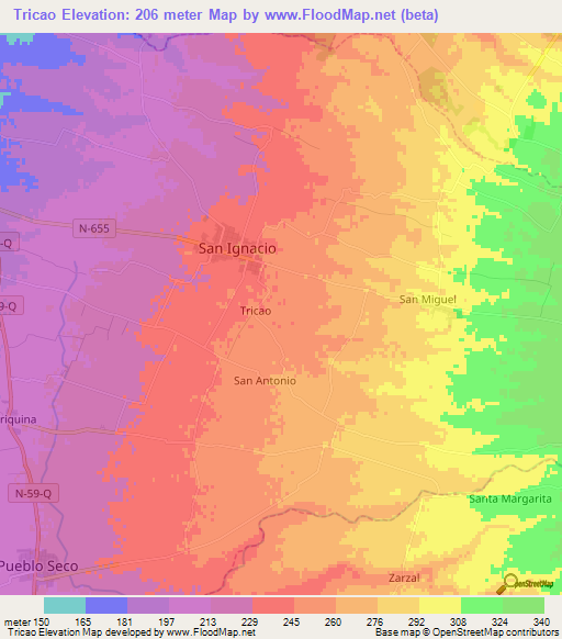 Tricao,Chile Elevation Map