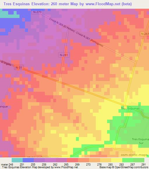 Tres Esquinas,Chile Elevation Map