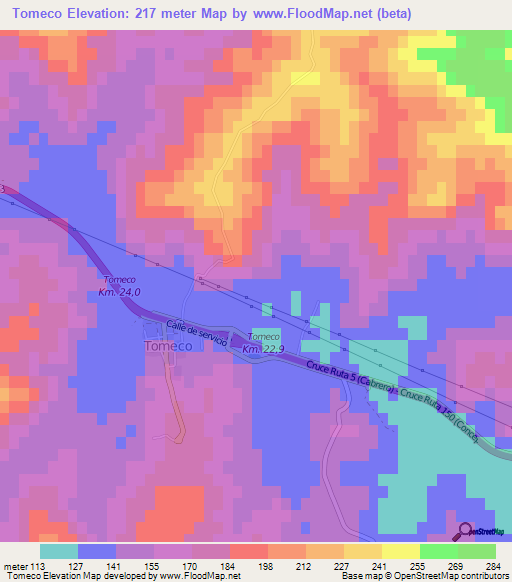 Tomeco,Chile Elevation Map
