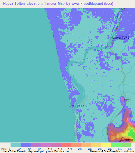 Nueva Tolten,Chile Elevation Map