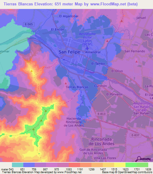 Tierras Blancas,Chile Elevation Map