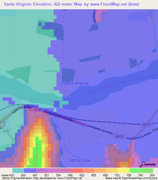 Santa Virginia,Chile Elevation Map