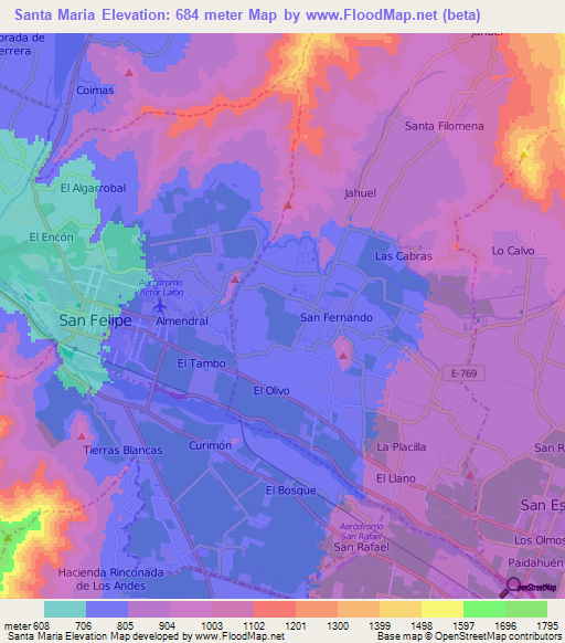 Santa Maria,Chile Elevation Map