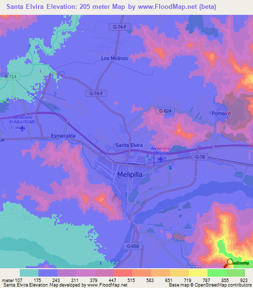 Santa Elvira,Chile Elevation Map