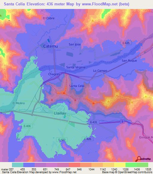Santa Celia,Chile Elevation Map