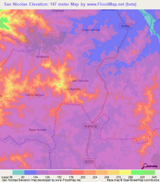 San Nicolas,Chile Elevation Map