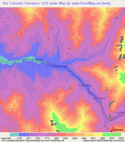 Rio Colorado,Chile Elevation Map