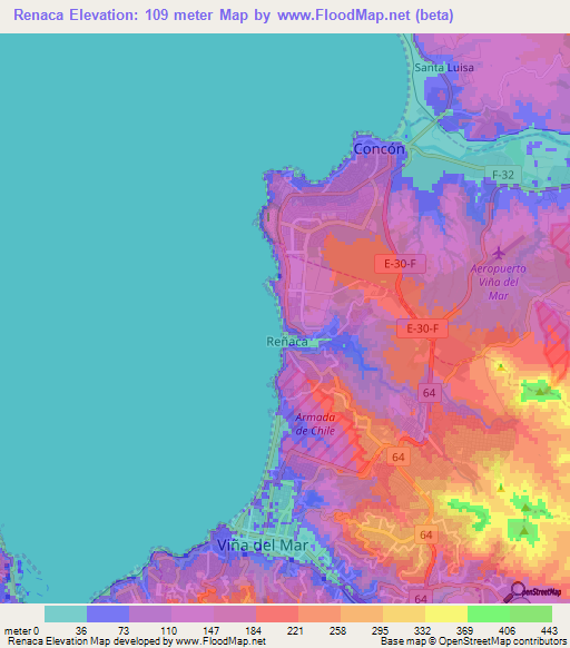 Renaca,Chile Elevation Map
