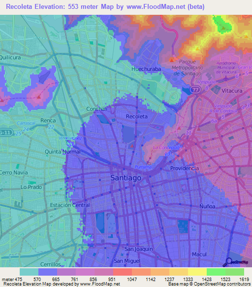 Recoleta,Chile Elevation Map