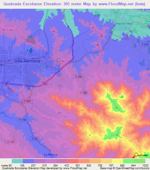 Quebrada Escobares,Chile Elevation Map