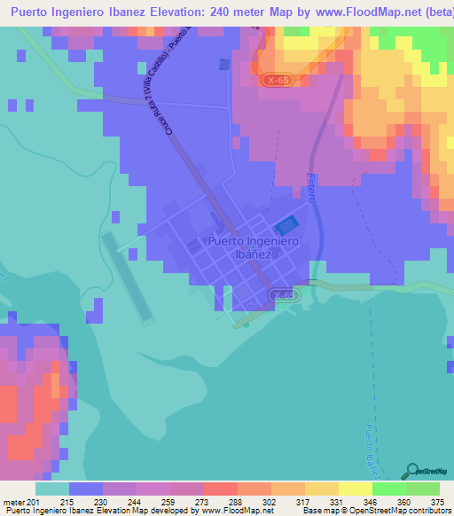 Puerto Ingeniero Ibanez,Chile Elevation Map